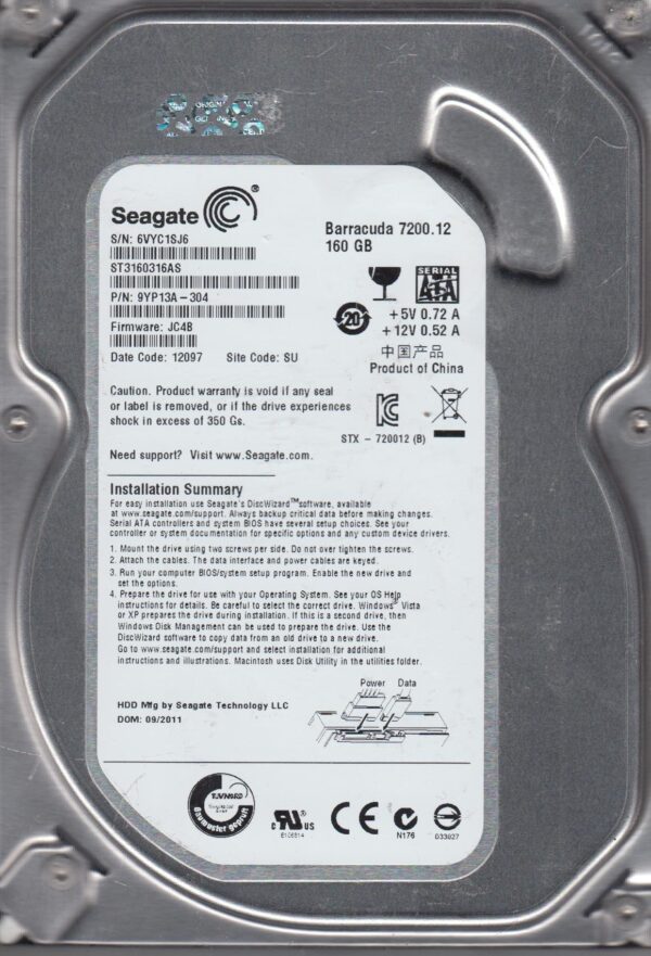 "ST3160316AS, 6VY, SU, PN 9YP13A-304, FW JC4B, Seagate 160GB SATA 3.5 Hard Drive"