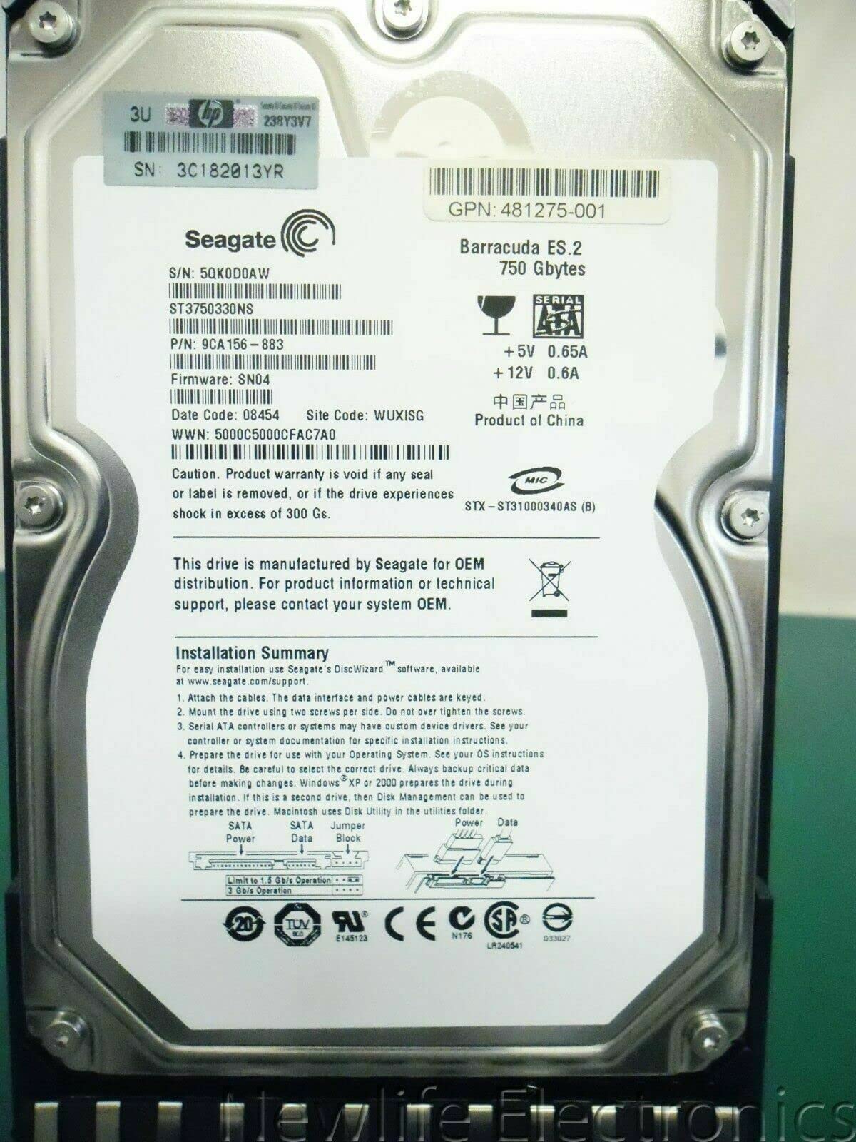 481275-001 HPE 750GB 7.2K 3G LFF SATA MSA2 Hard Drive