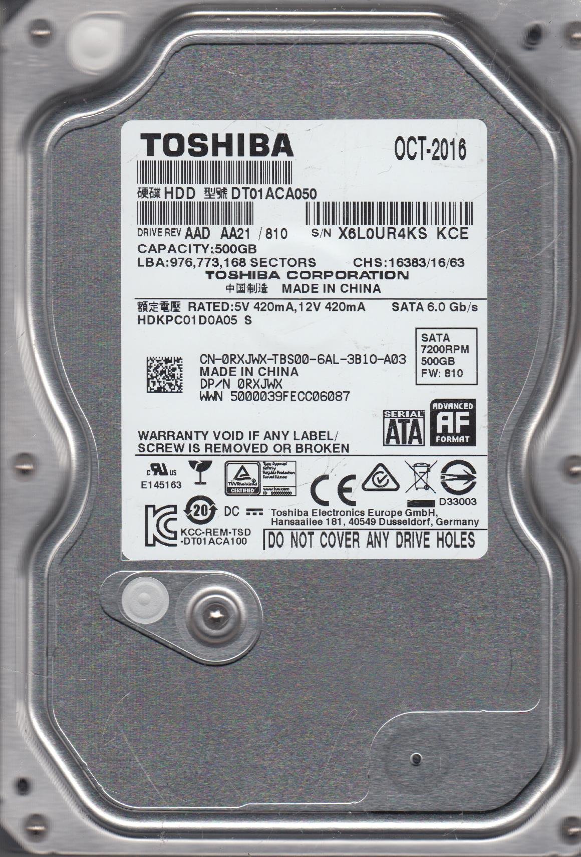 DT01ACA050, AA21/810, HDKPC01D0A05 S, Toshiba 500GB SATA 3.5 Hard Drive