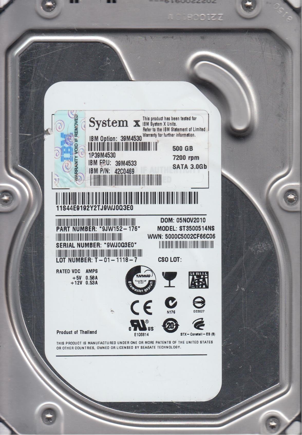 ST3500514NS, 9WJ, KRATSG, PN 9JW152-176, FW BB26, Seagate 500GB SATA 3.5 Hard Drive