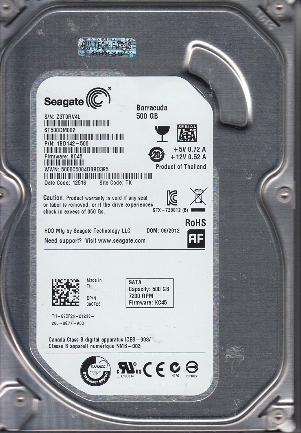 ST500DM002, Z3T, TK, PN 1BD142-500, FW KC45, Seagate 500GB SATA 3.5 Hard Drive