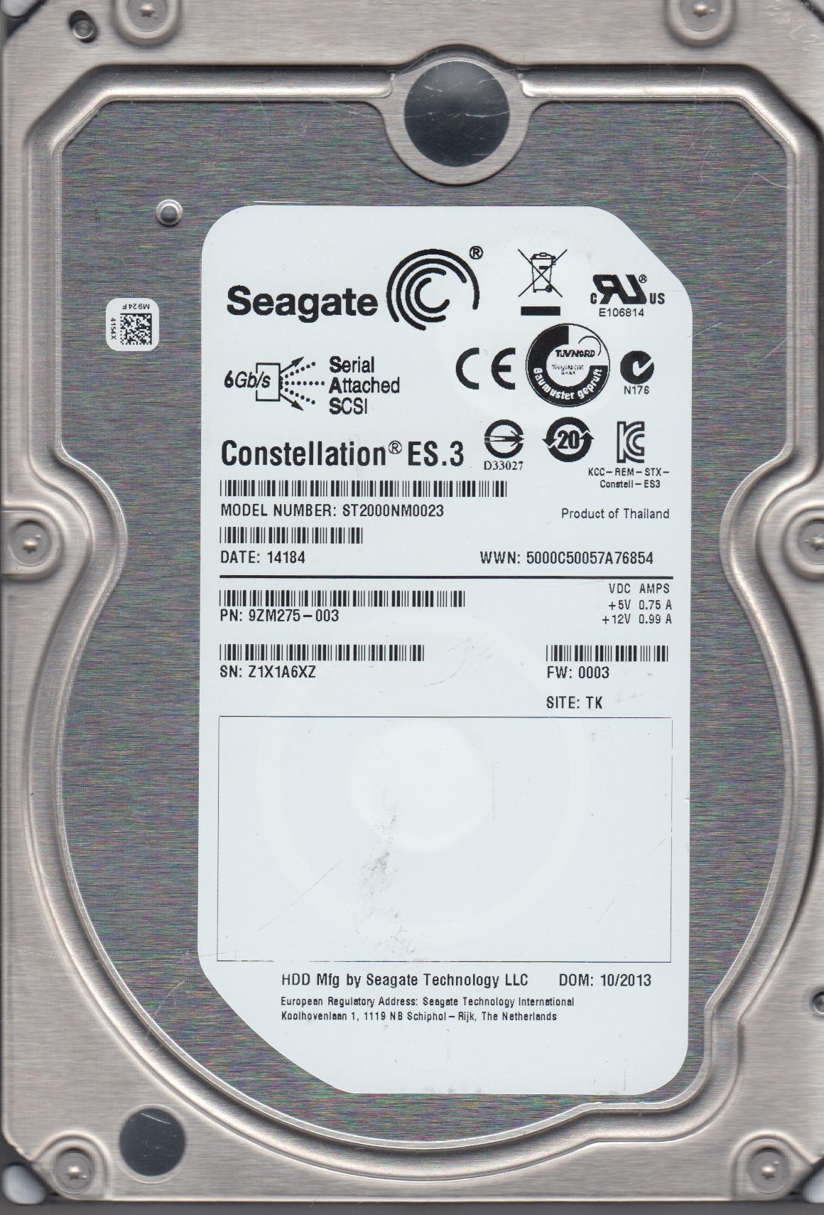 Seagate ST2000NM0023 Z1X TK PN 9ZM275-003 FW 0003 2TB SAS 3.5 Hard Drive