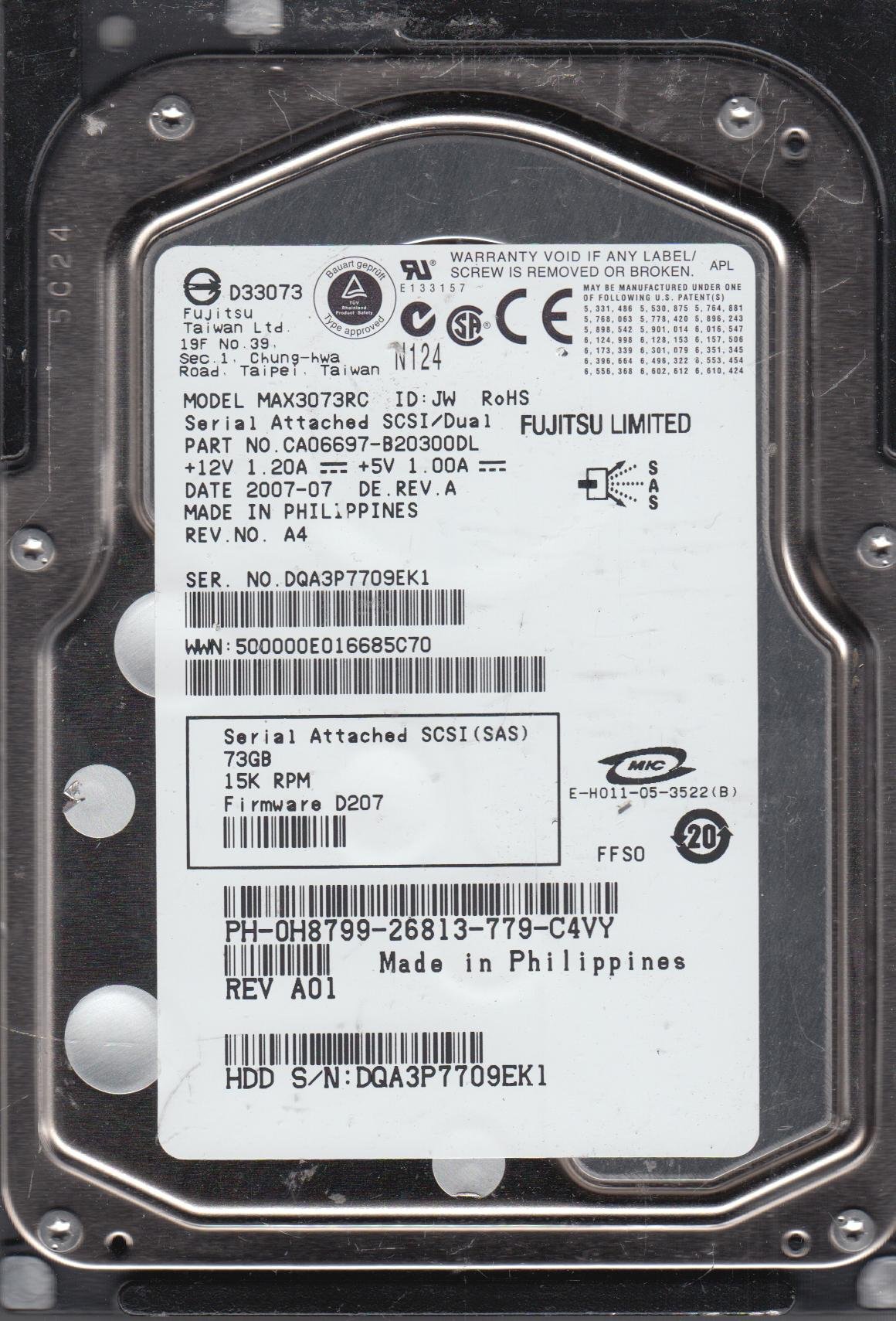 MAX3073RC, PN CA06697-B20300DL, Fujitsu 73GB SAS 3.5 Hard Drive