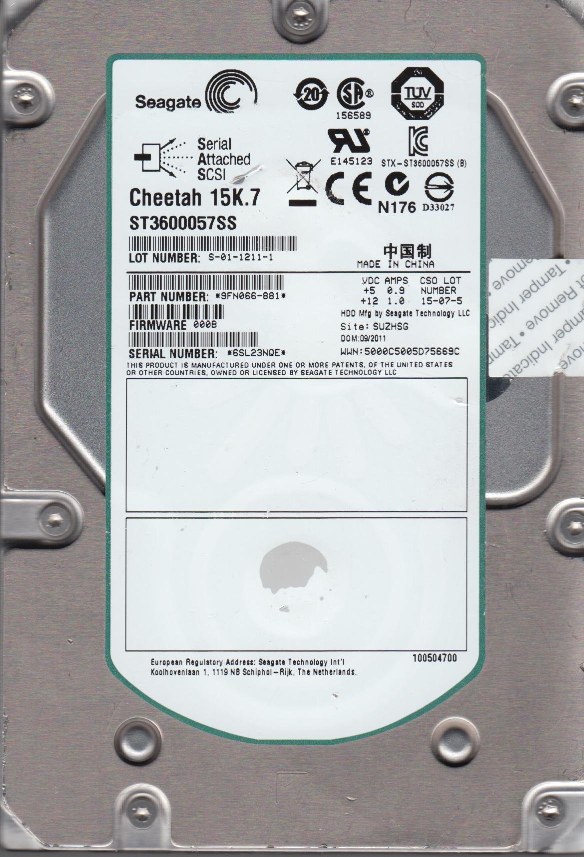 ST3600057SS, 6SL, SUZHSG, PN 9FN066-881, FW 000B, Seagate 600GB SAS 3.5 Hard Drive