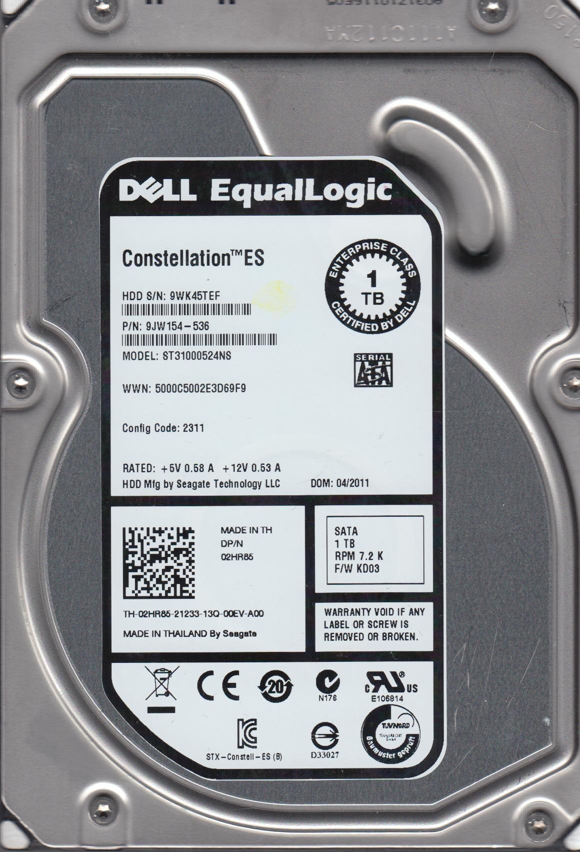 ST31000524NS, 9WK, KRATSG, PN 9JW154-536, FW KD03, Dell 1TB SATA 3.5 Hard Drive