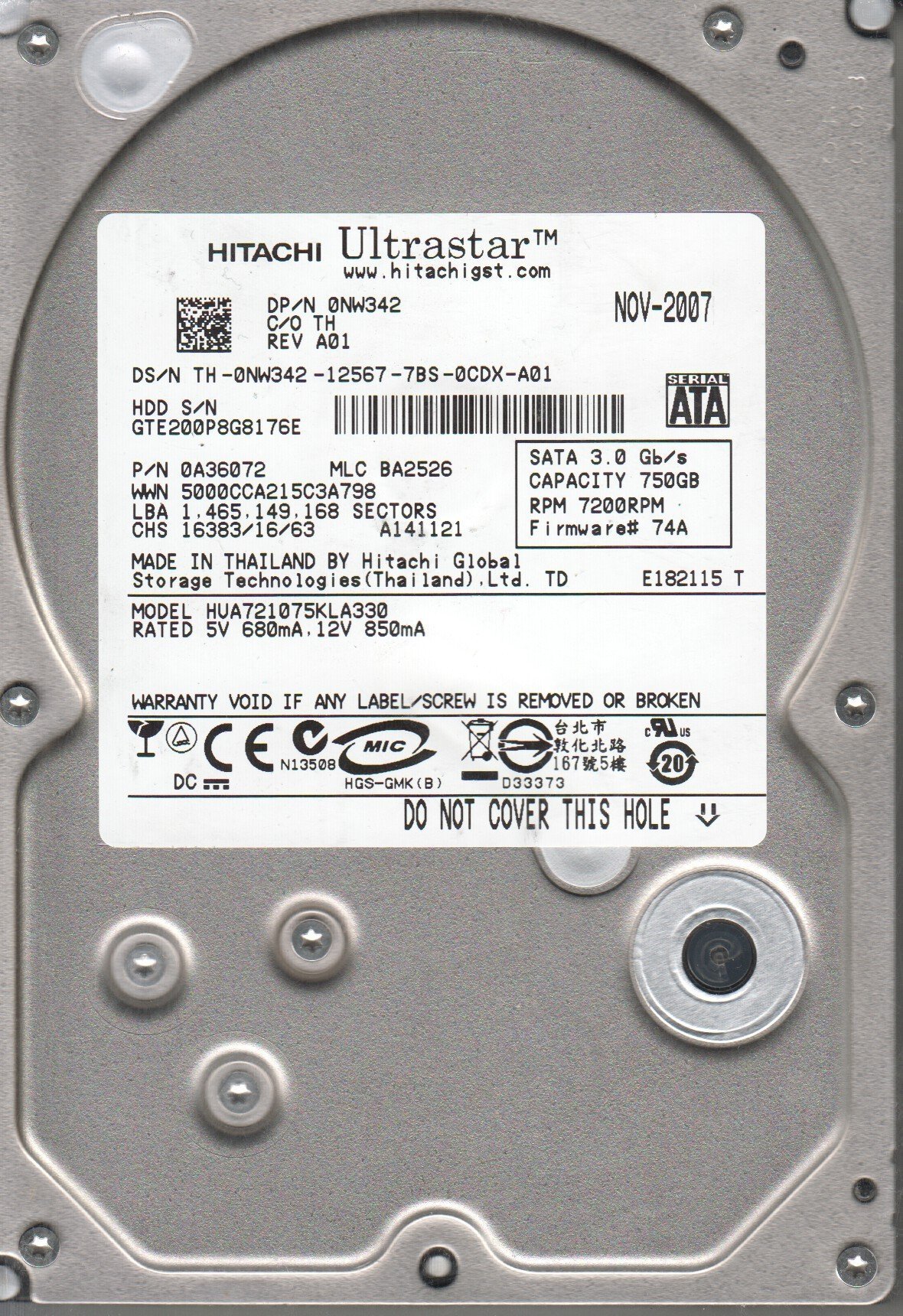 HUA721075KLA330, PN 0A36072, MLC BA2526, Hitachi 750GB SATA 3.5 Hard Drive