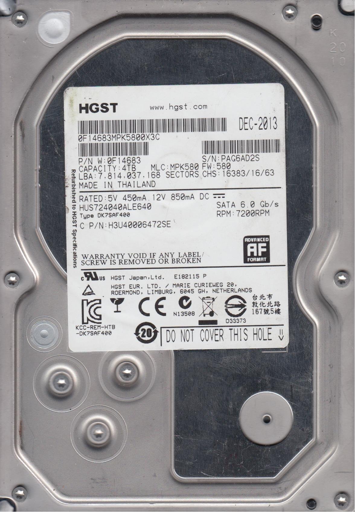 HGST Ultrastar 7K4000 HUS724040ALE640 4 TB 3.534; Internal Hard Drive - SATA - 7200 RPM - 64 MB Buff...
