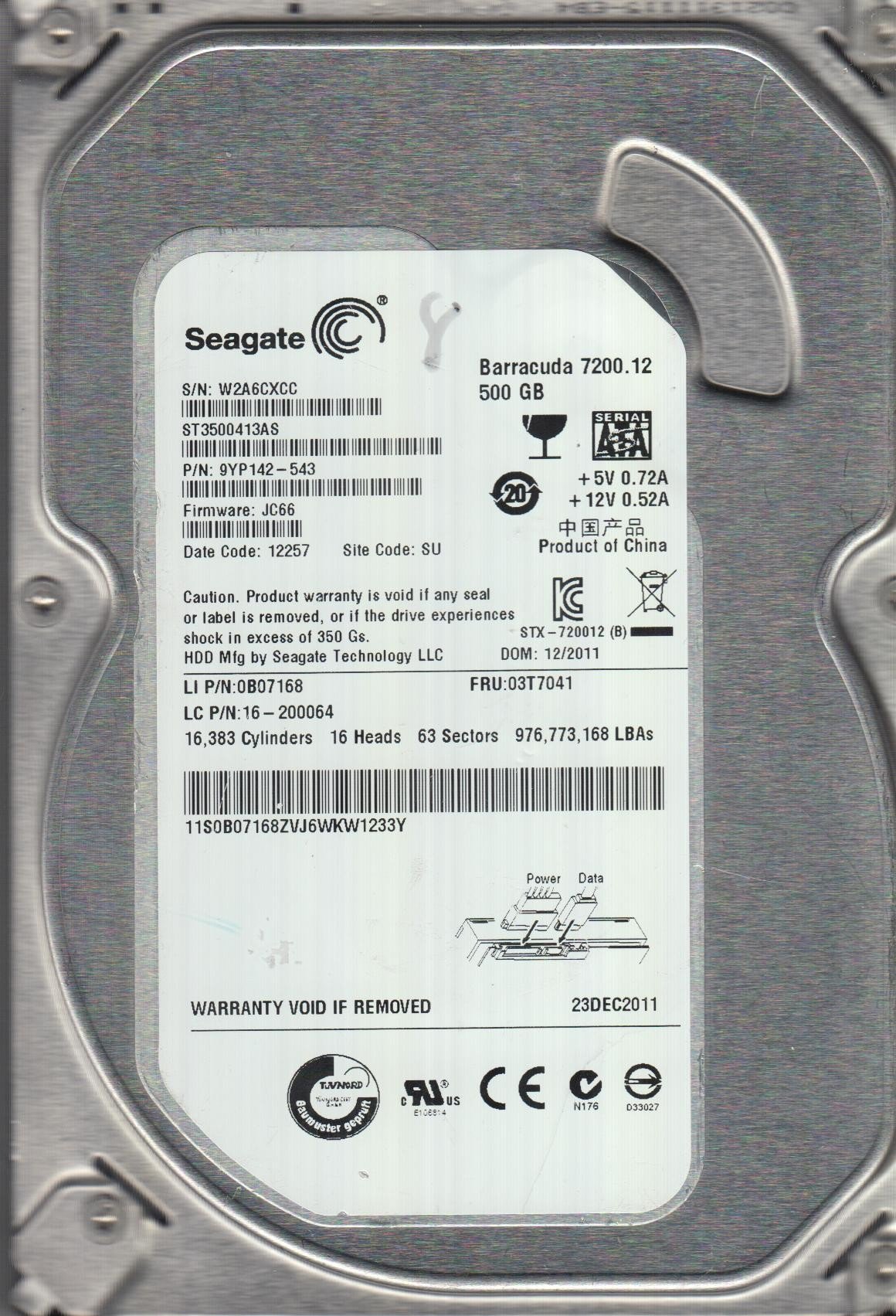 ST3500413AS, W2A, SU, PN 9YP142-543, FW JC66, Seagate 500GB SATA 3.5 Hard Drive